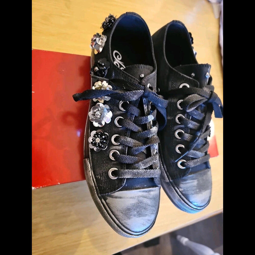 Naughty Monkey Womens Michele Size 8 Black Distressed Beaded Sequin Lace Up Flat - Picture 4 of 8